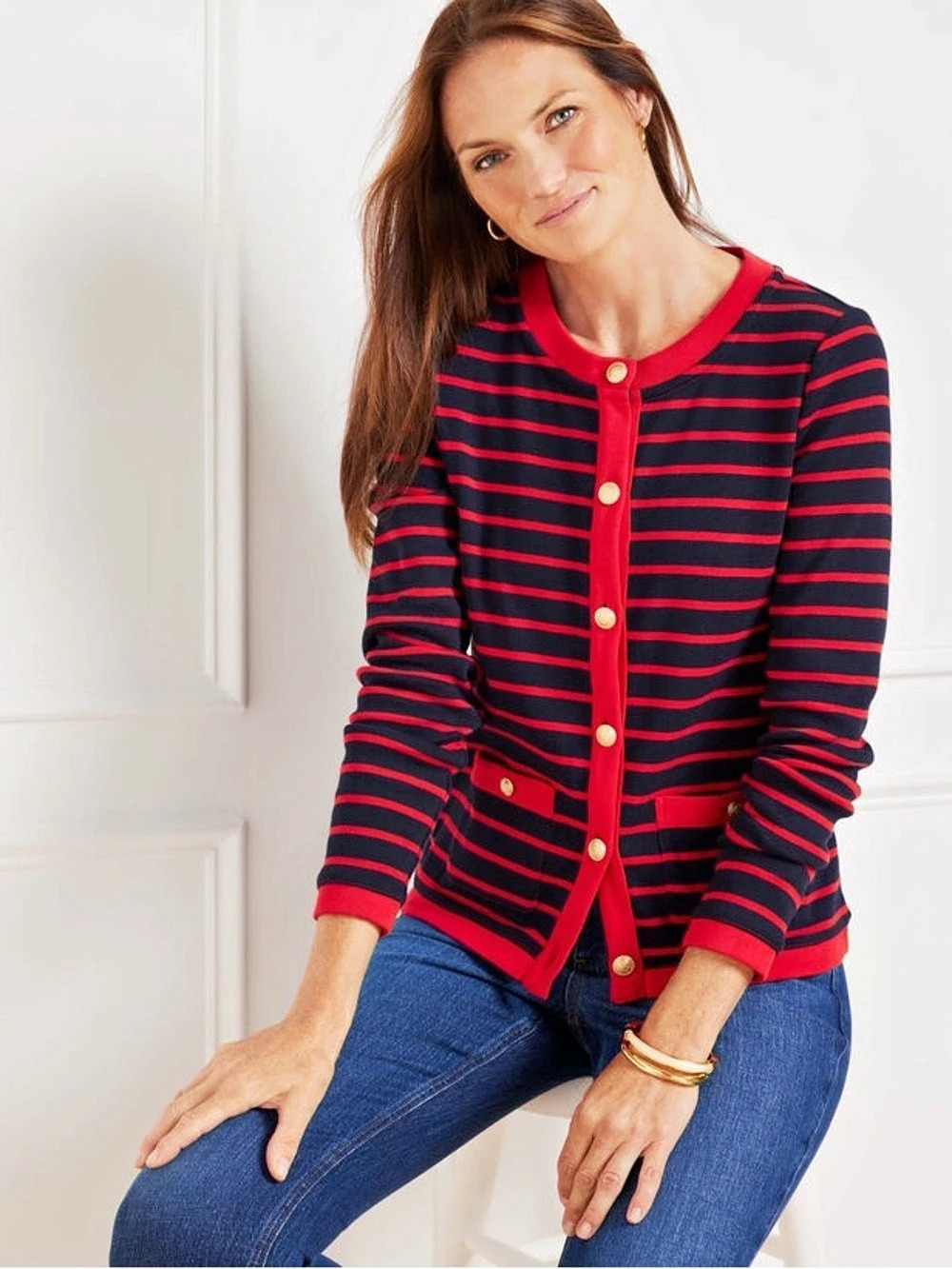 NWT $99 Talbots Delfina Stripe Patch Pocket Cardigan Red & Blue XL Petite XLP